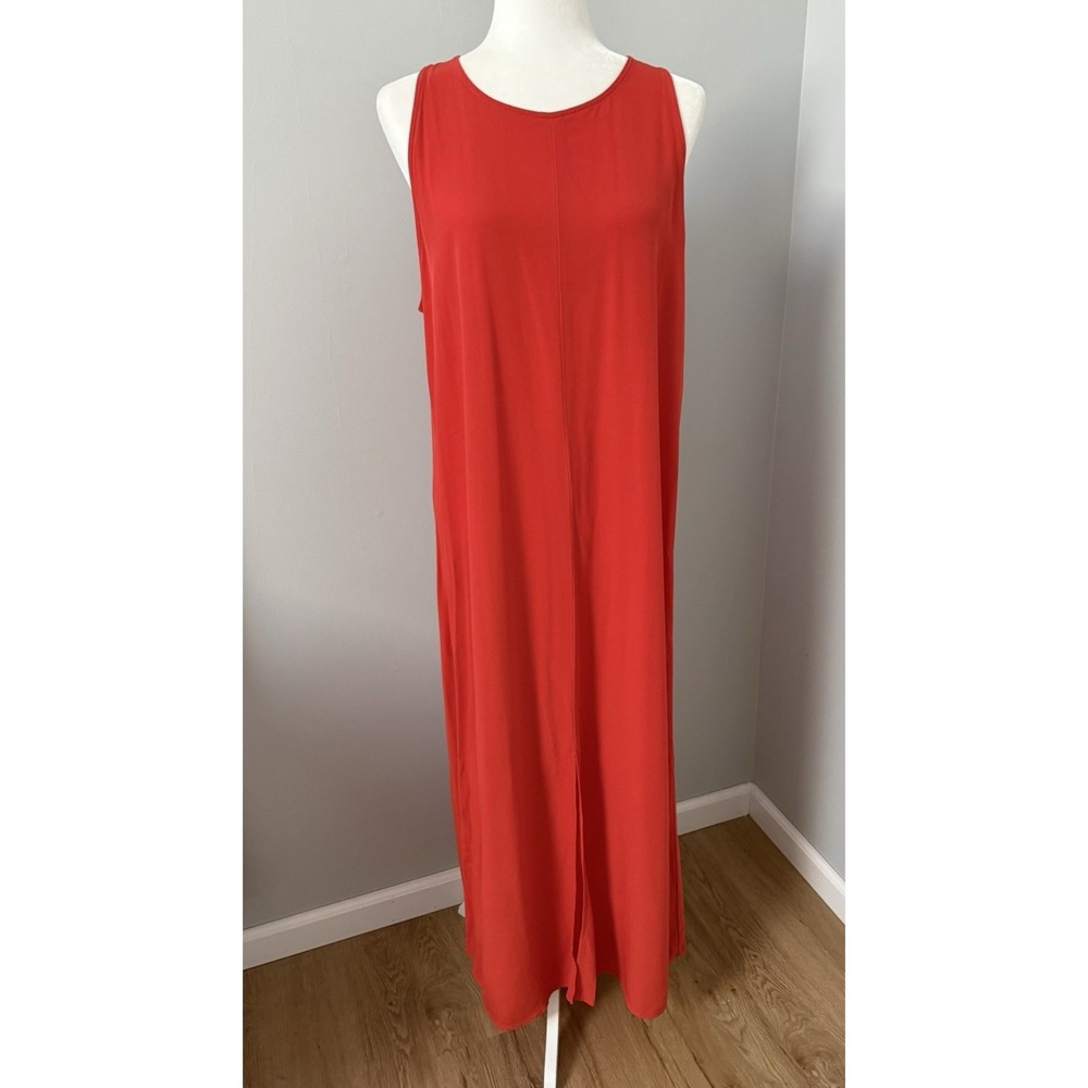 Eileen Fisher Women's Crepe Front Slit Maxi Dress Size M Elegant Coral Orange